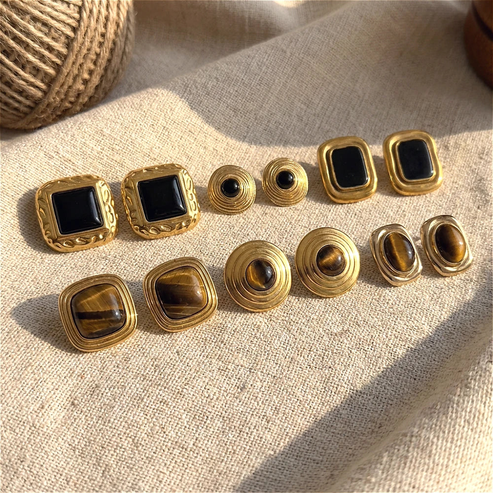 Black Stone Stud Earrings Chunky 18K Gold Women Jewelry