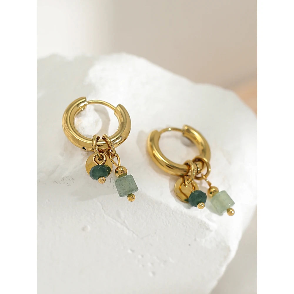 Vintage Green Stone Hoop Earrings 18K Gold Plated Women