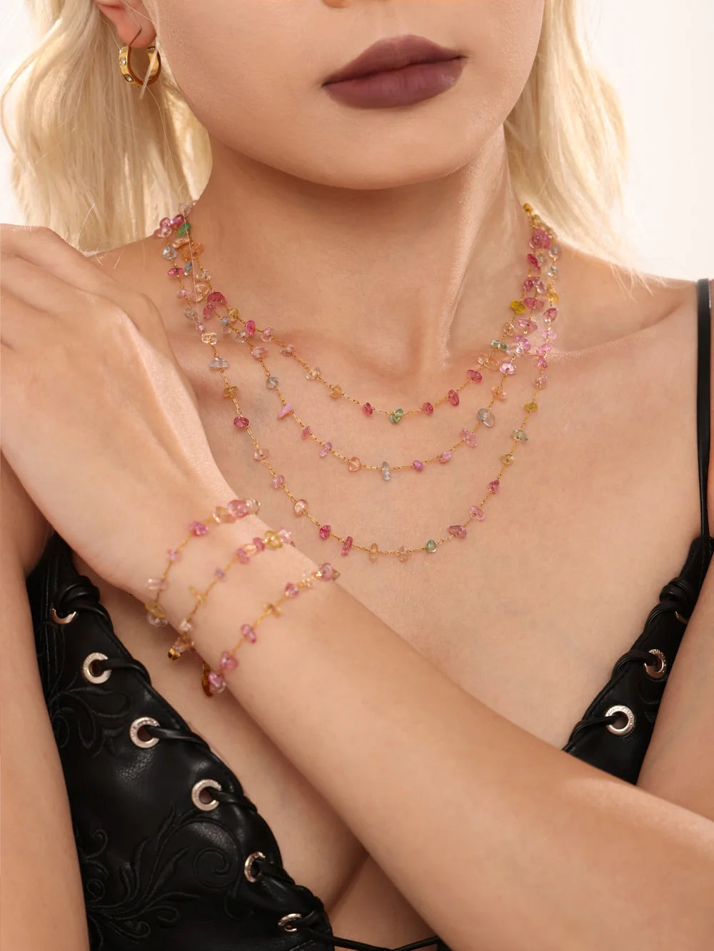 Colorful Crystal Necklace Bracelet Set Gold Plated Boho Jewelry