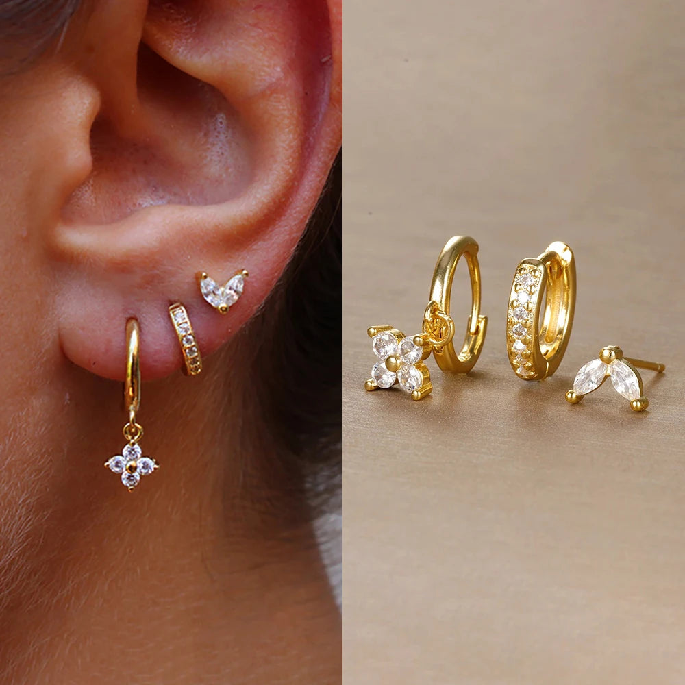 3PCS Flower Drop Earrings Set Zircon Stainless Steel Women