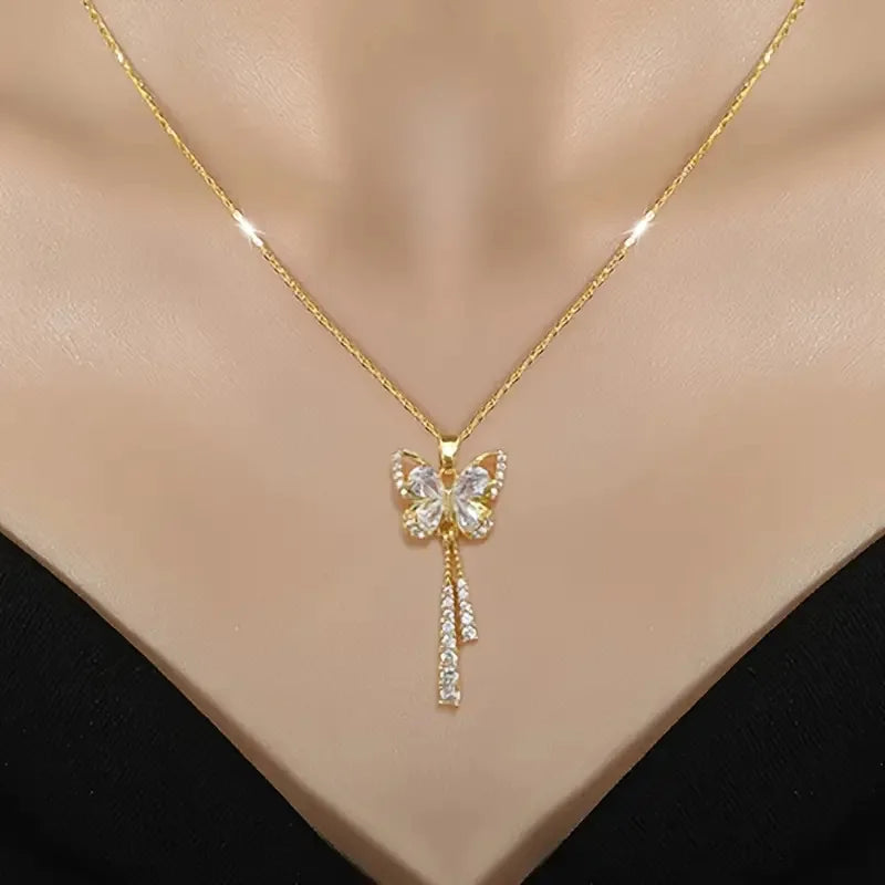 Elegant Butterfly Necklace Zircon Tassel Titanium Steel Women