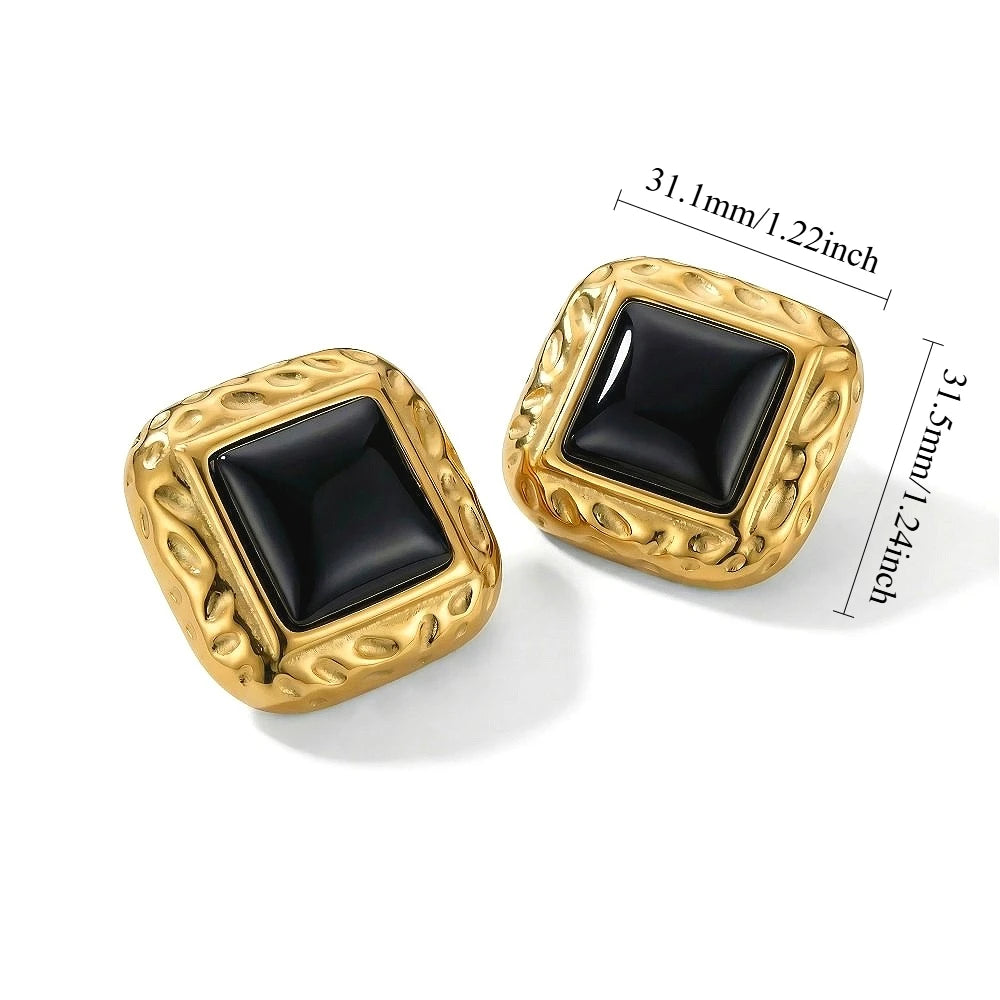 Black Stone Stud Earrings Chunky 18K Gold Women Jewelry