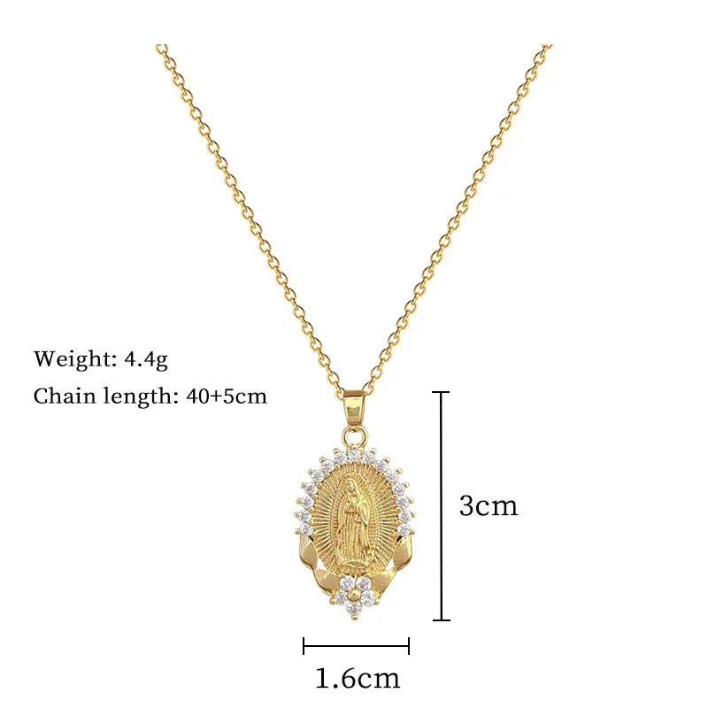 Religious Virgin Mary Flower Pendant Necklace Zircon Chain