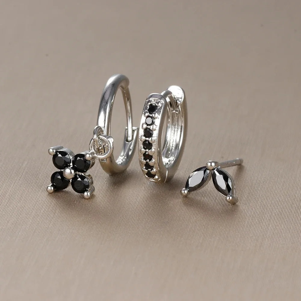 3PCS Flower Drop Earrings Set Zircon Stainless Steel Women