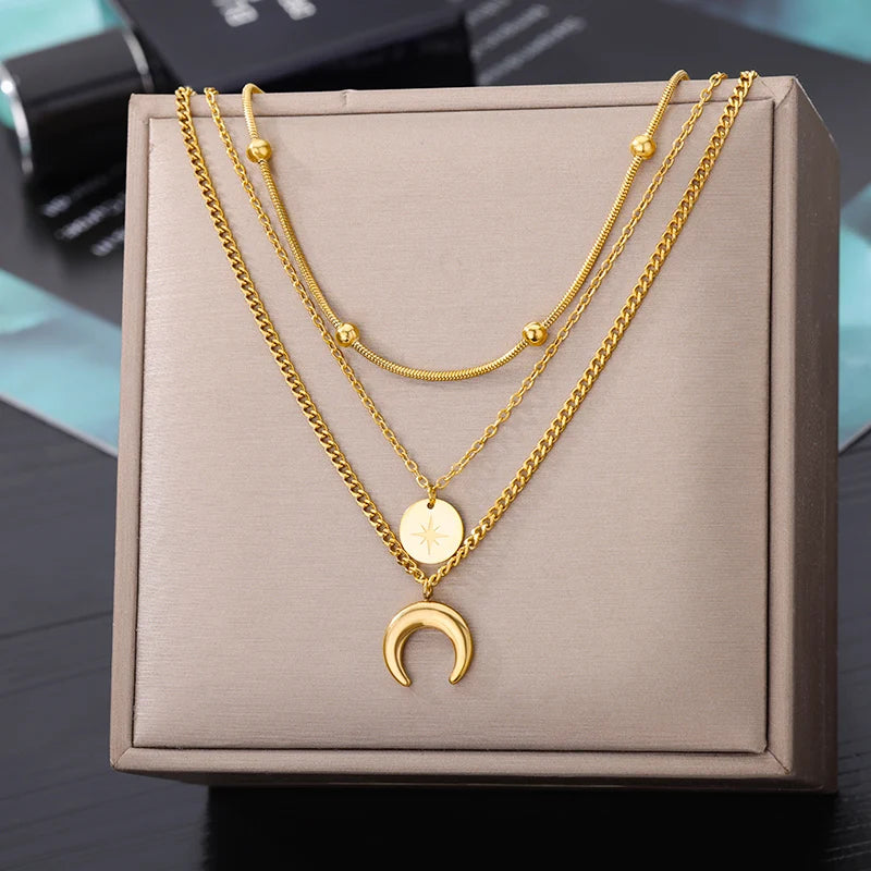Stylish Layered Heart Necklace 316L Steel Goth Choker for Women