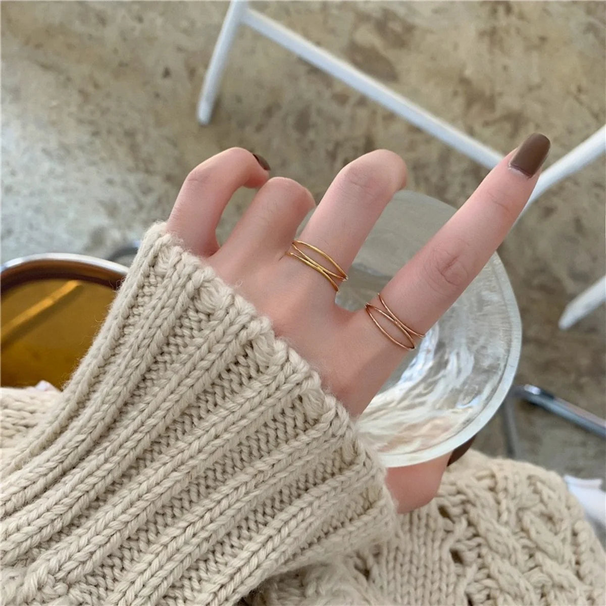 Vintage 18K Gold Multi Layer Ring Stainless Steel Women Jewelry