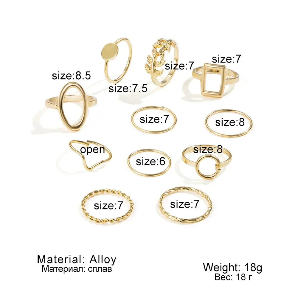 Creative Geometric Leaf Wave Ring Set 11pcs Fashion Knuckle Jewelry