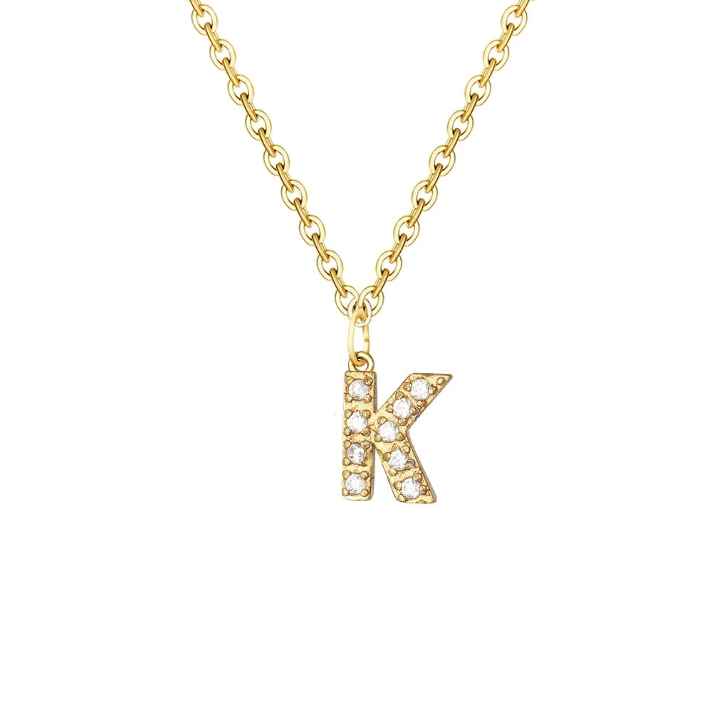 Gold Zircon Initial Necklace A-Z Stainless Steel Letter Pendant Women