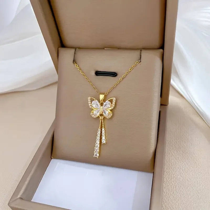 Elegant Butterfly Necklace Zircon Tassel Titanium Steel Women