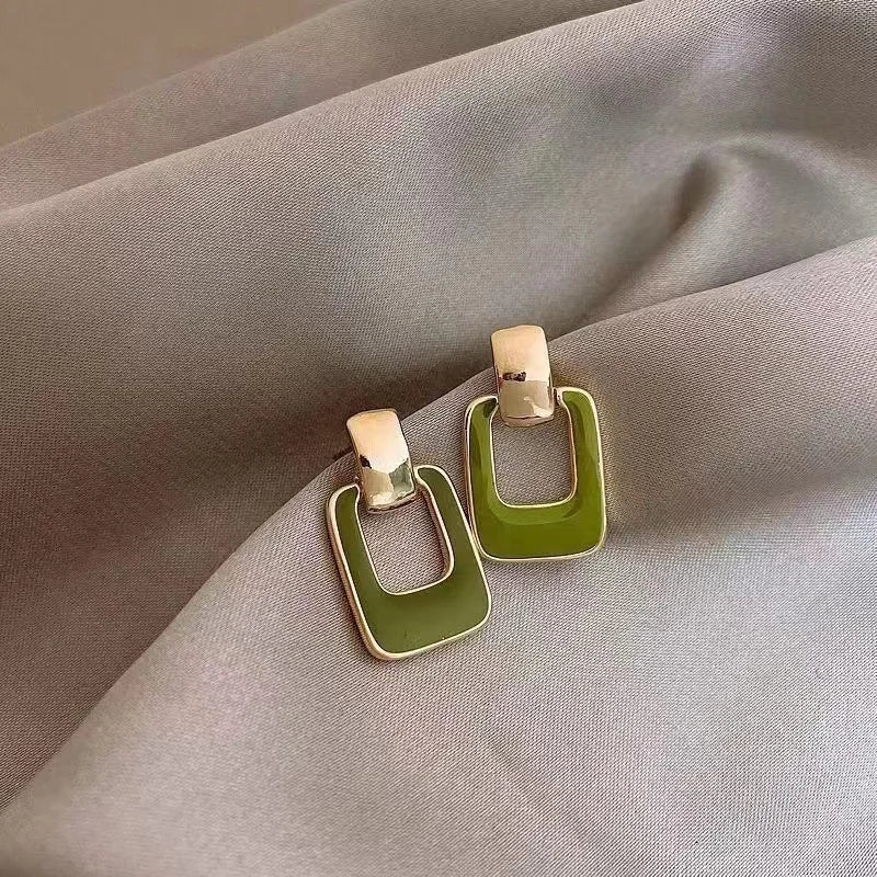 Korean Glazed Green Enamel Geometric Stud Earrings Vintage Style