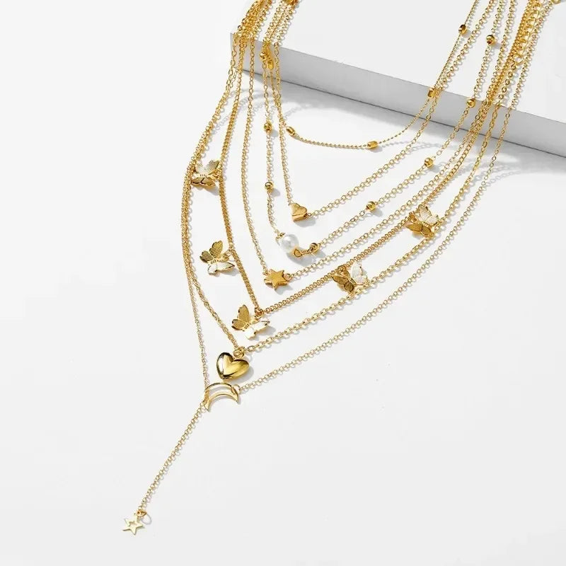 Elegant 6 Piece Necklace Set Butterfly Star Moon Trend Jewelry