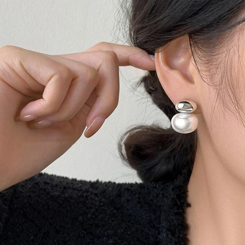 French Gold Bean Pearl Earrings Elegant Korean Style Women Jewelry
