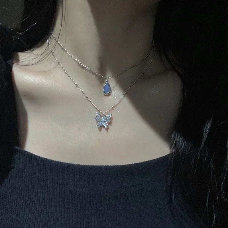 Silver Double Layer Star Moon Necklace Zircon Choker for Women