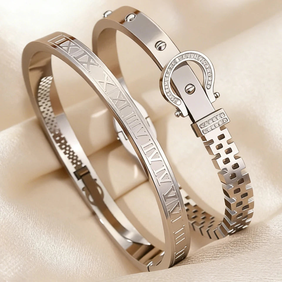 2pcs Roman Numeral Bracelet Set Stainless Steel Bangle Unisex Gift