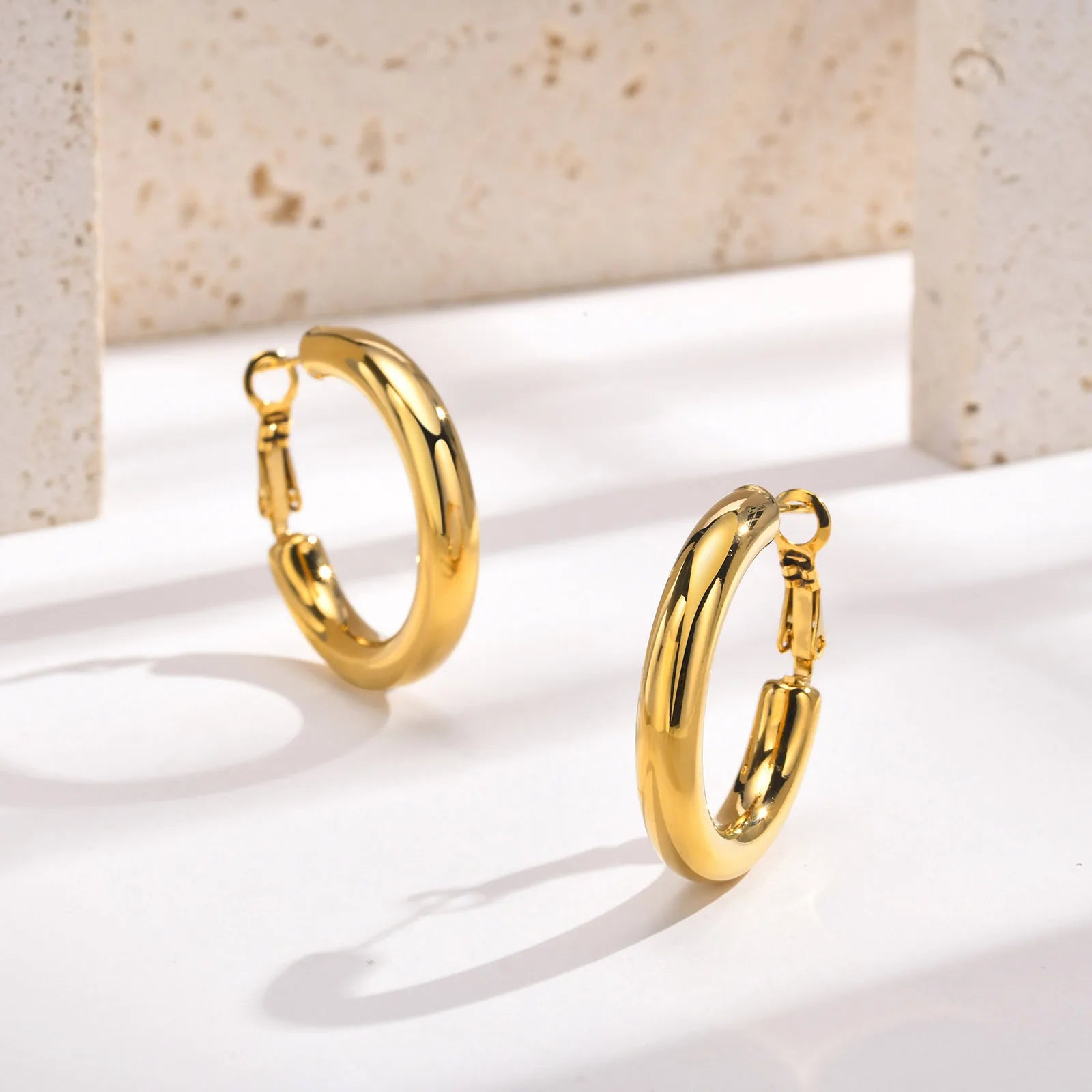 18K Gold Hoop Earrings 30-50mm Stainless Steel Minimalist Women