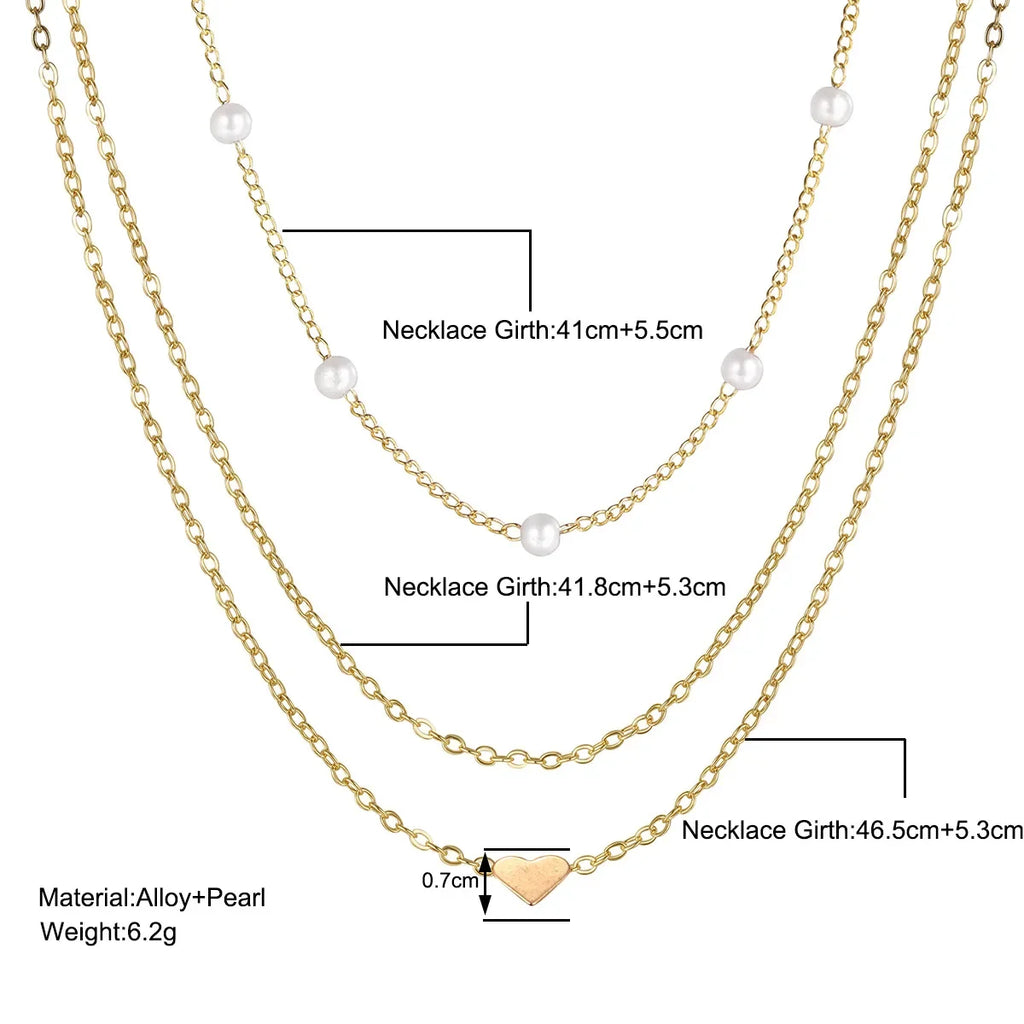 Elegant Layered Necklace Pearl Cross Heart Gold Chain Women