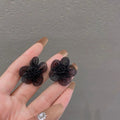 Dreamy Black Yarn Beaded Flower Stud Earrings for Women Elegant Style