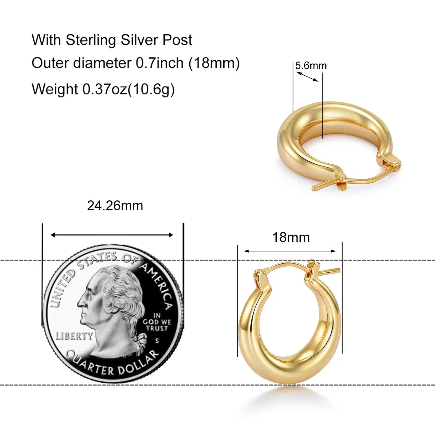 Shevalues Chunky Hoop Earrings 14K Gold 925 Silver Needle Women