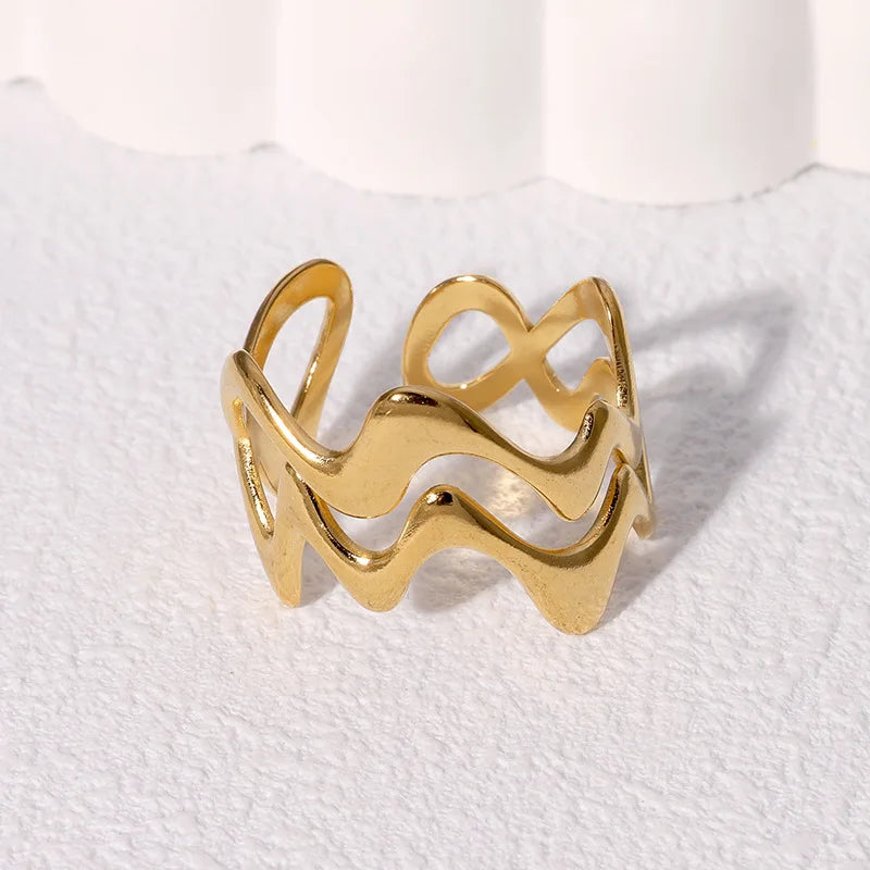 Stylish Irregular Wave Ring Adjustable Gold Tone Statement Ring