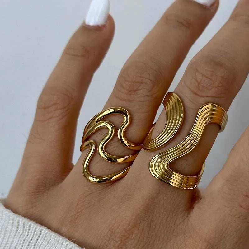 Stylish Irregular Wave Ring Adjustable Gold Tone Statement Ring