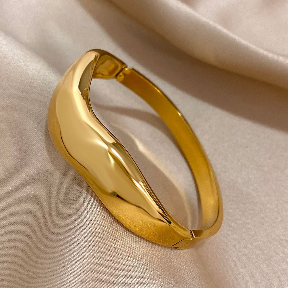 Chunky Gold Geometric Wave Cuff Bracelet Stainless Steel Waterproof
