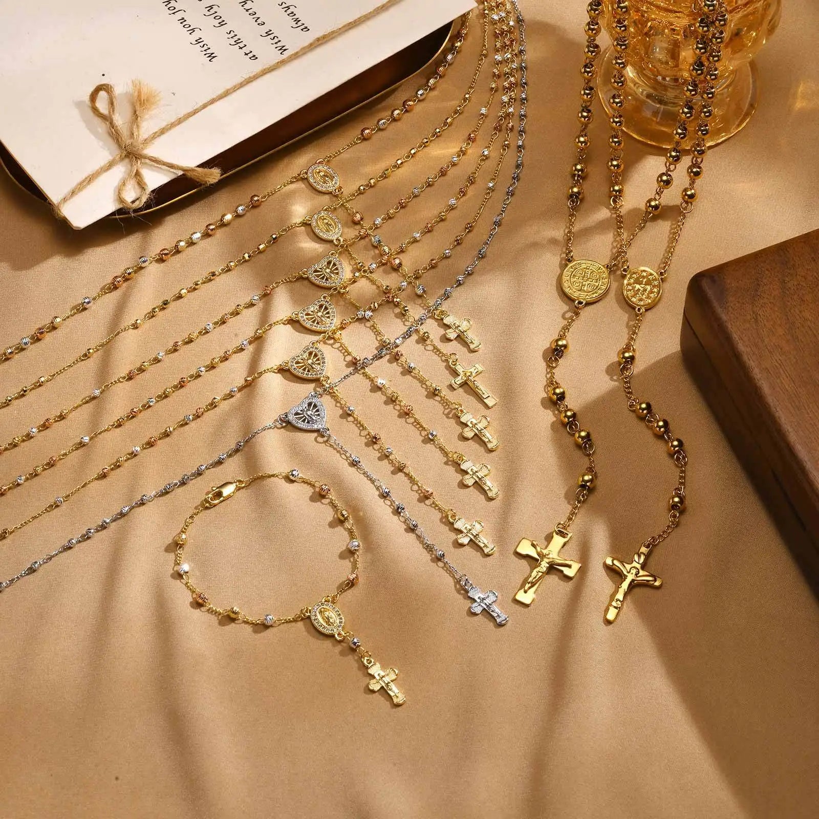 Stainless Steel Jesus Cross Y Necklace with Heart Charm Jewelry Set