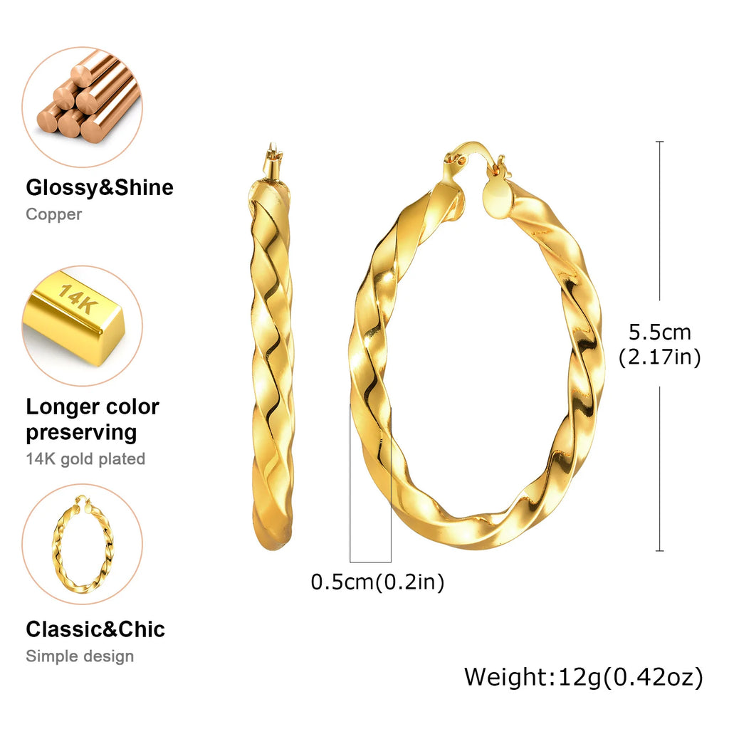 Large Twist Hoop Huggie Earrings Stainless Steel Lightweight Women