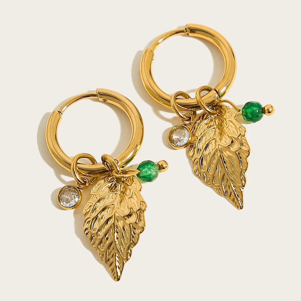 Vintage Green Stone Hoop Earrings 18K Gold Plated Women