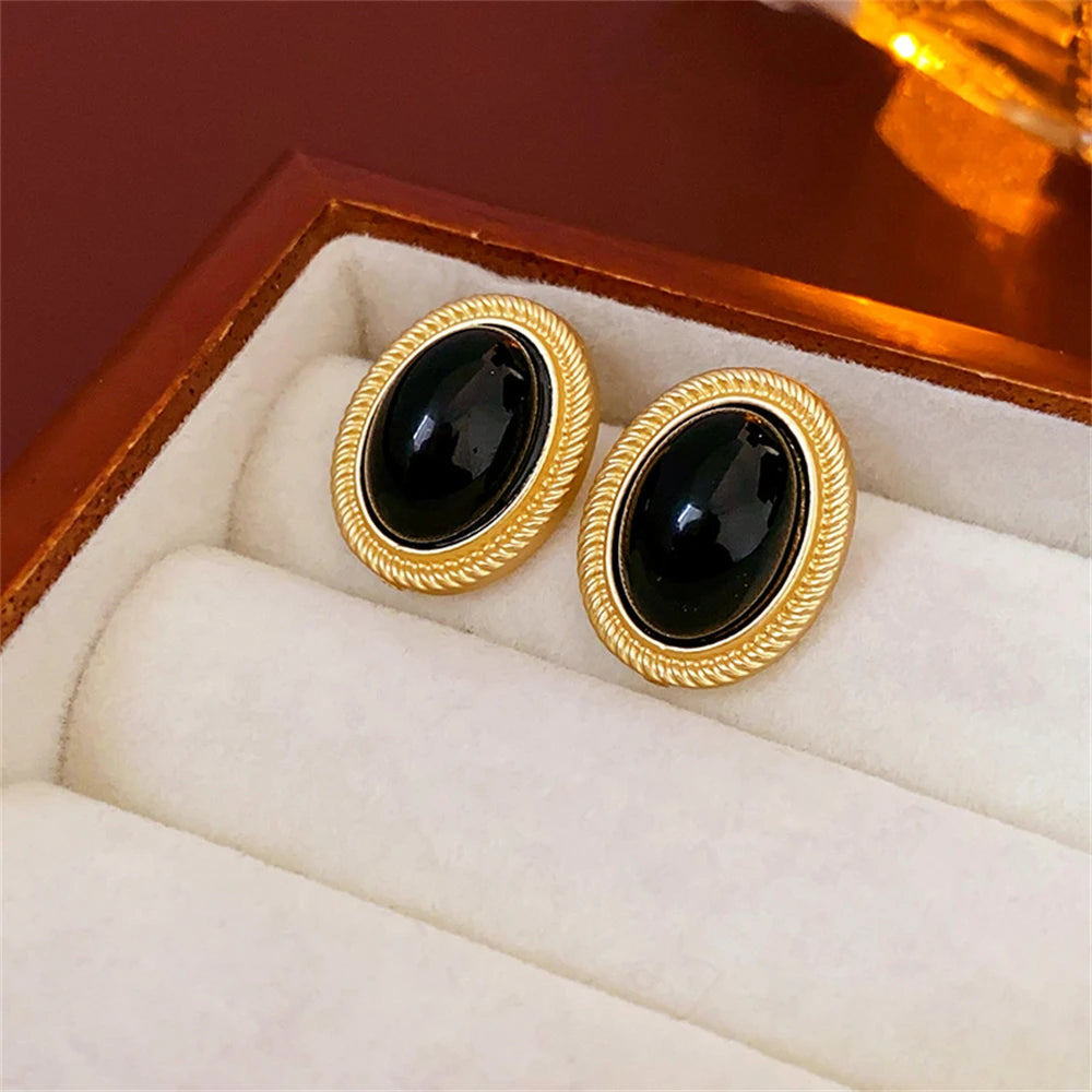 Retro Gold Black Oval Stud Earrings Metal Line Elegant Women Design