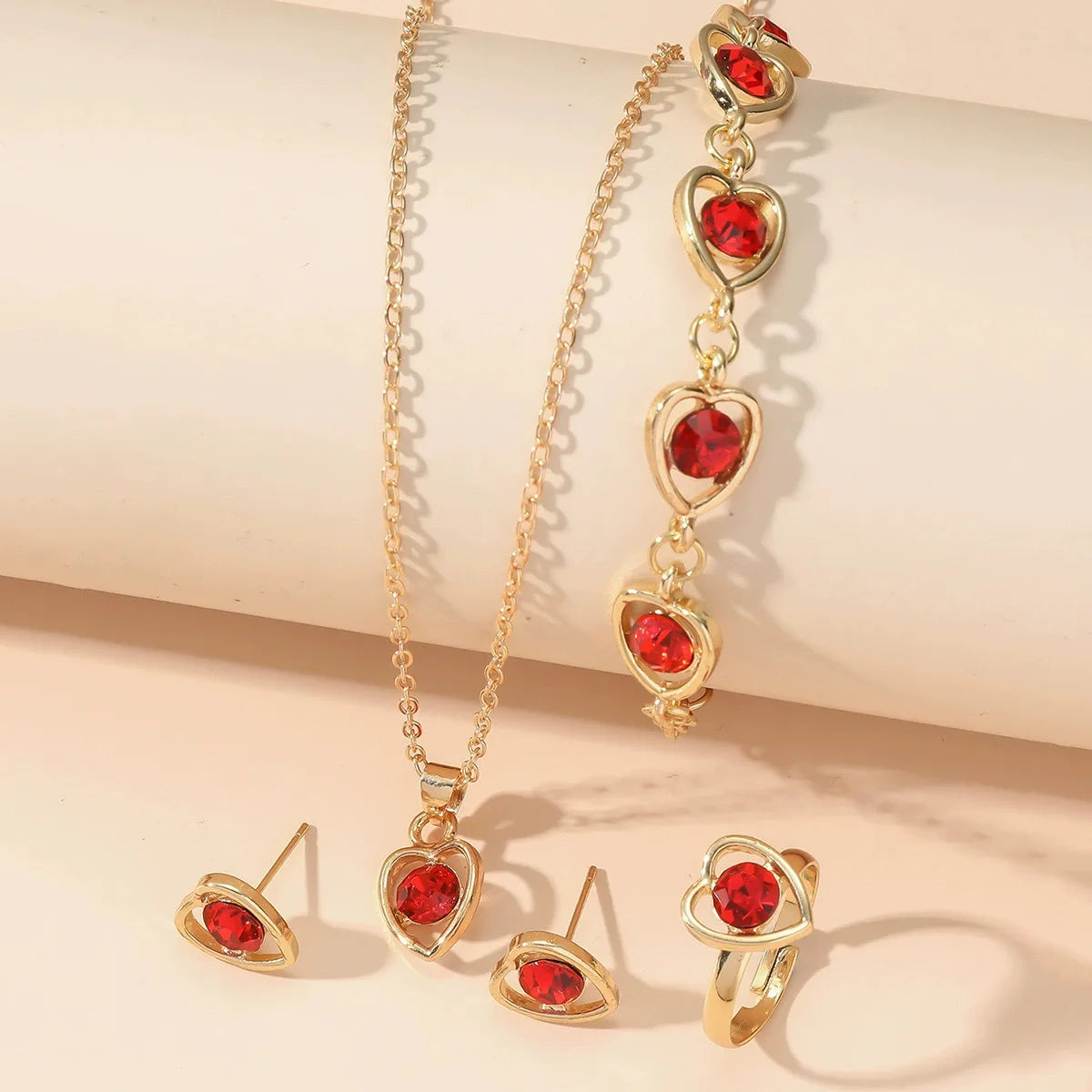 4PCS Heart Crystal Jewelry Set Necklace Bracelet Ring Earrings