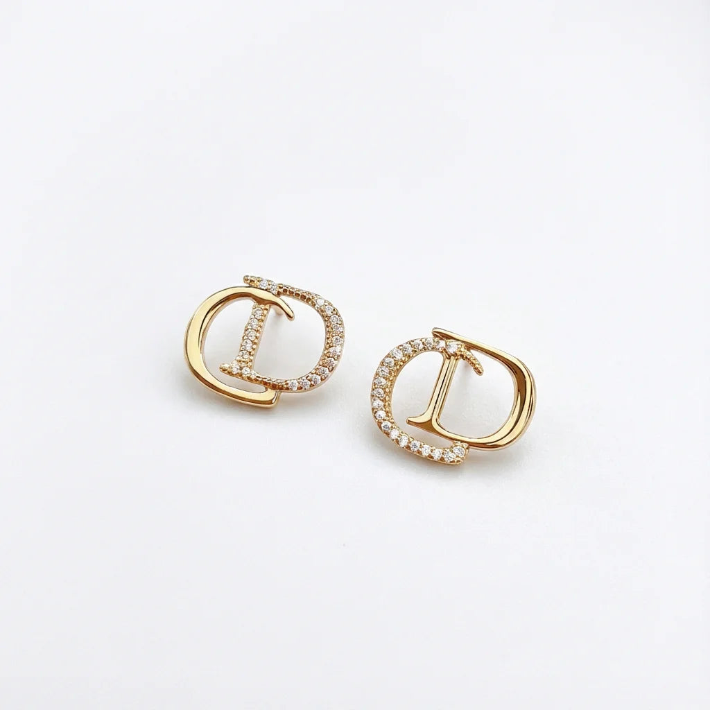 Trendy Double D Letter Earrings Rhinestone Gold Women Jewelry