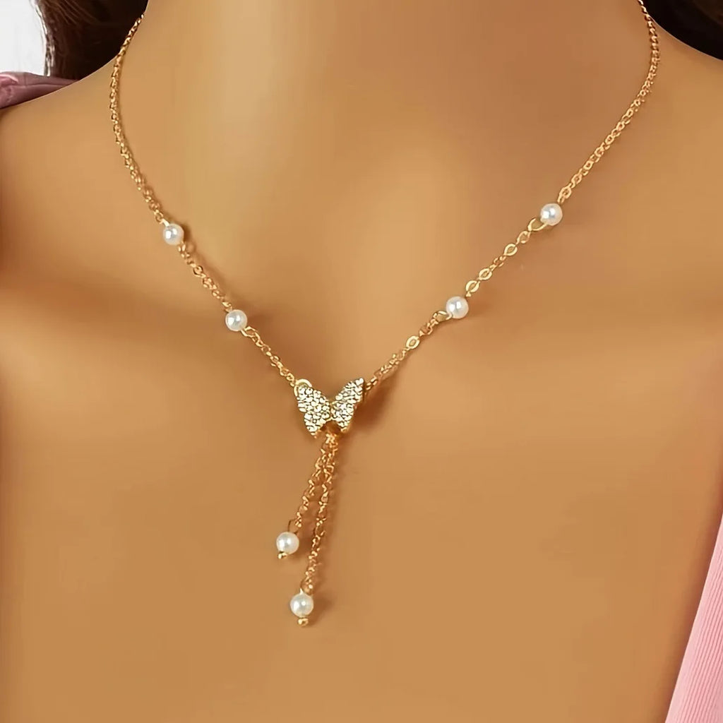 Delicate Butterfly Pendant Necklace with Tassel Elegant Design