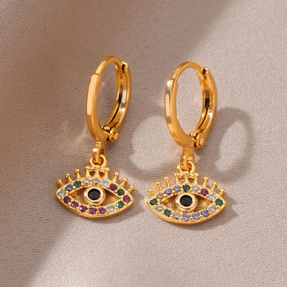 Gold Color Evil Eye Zircon Earrings Stainless Steel Vintage Style