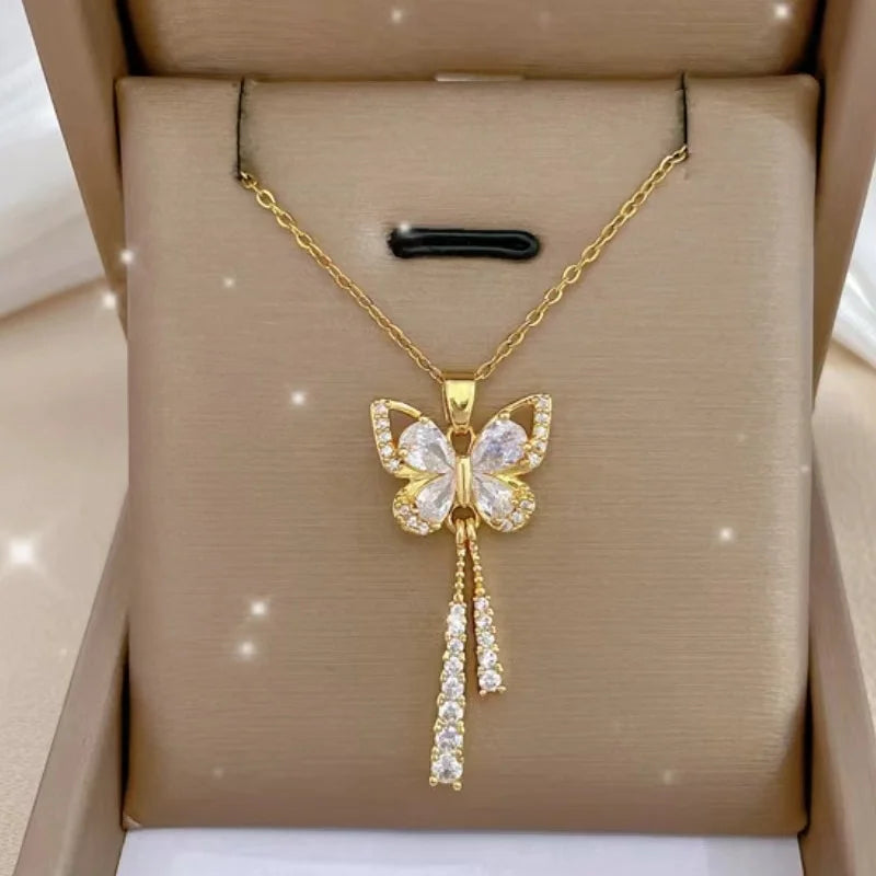 Elegant Butterfly Necklace Zircon Tassel Titanium Steel Women