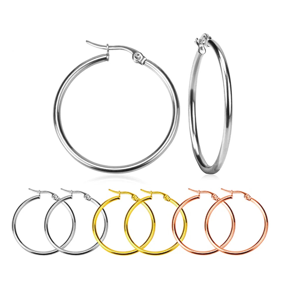 Rose Gold Stainless Steel Hoop Earrings 10-65mm Anti Allergy Women