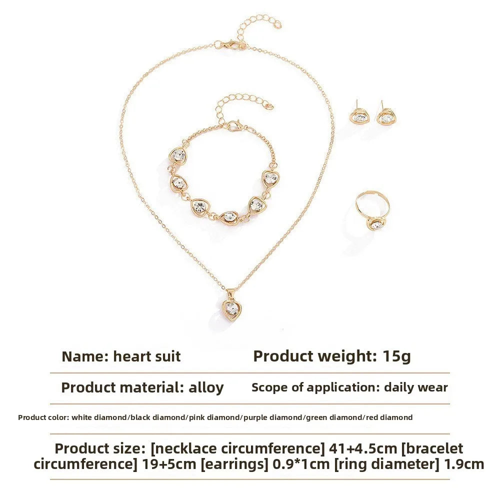 4PCS Heart Crystal Jewelry Set Necklace Bracelet Ring Earrings