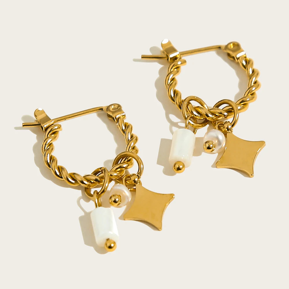 Vintage Green Stone Hoop Earrings 18K Gold Plated Women