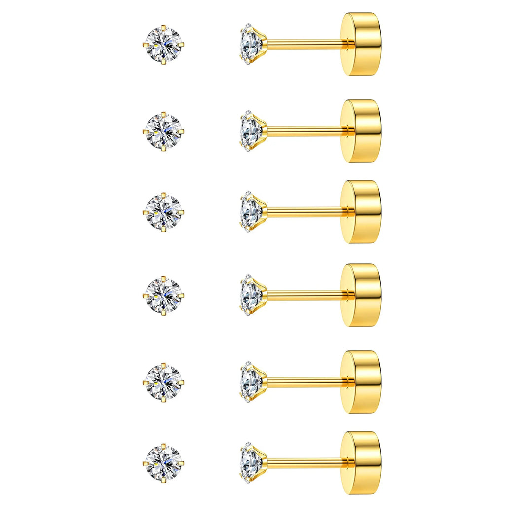 6 Pairs Flat Back Stud Earrings Set CZ Hypoallergenic for Women