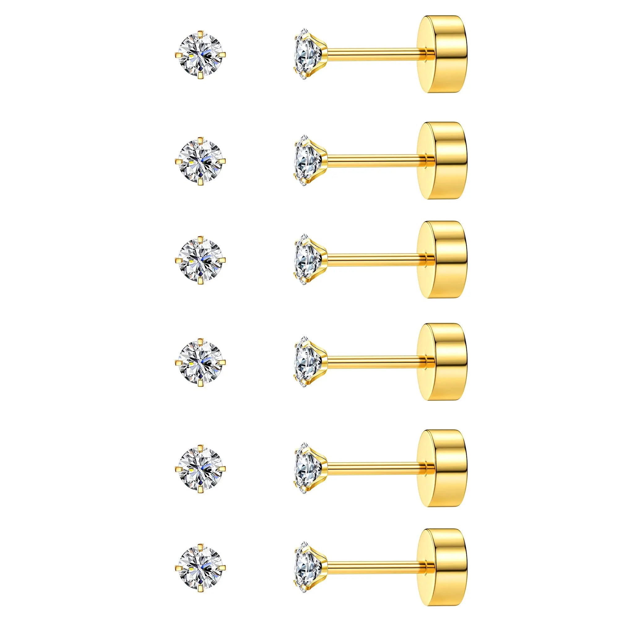 6 Pairs Flat Back Stud Earrings Set CZ Hypoallergenic for Women