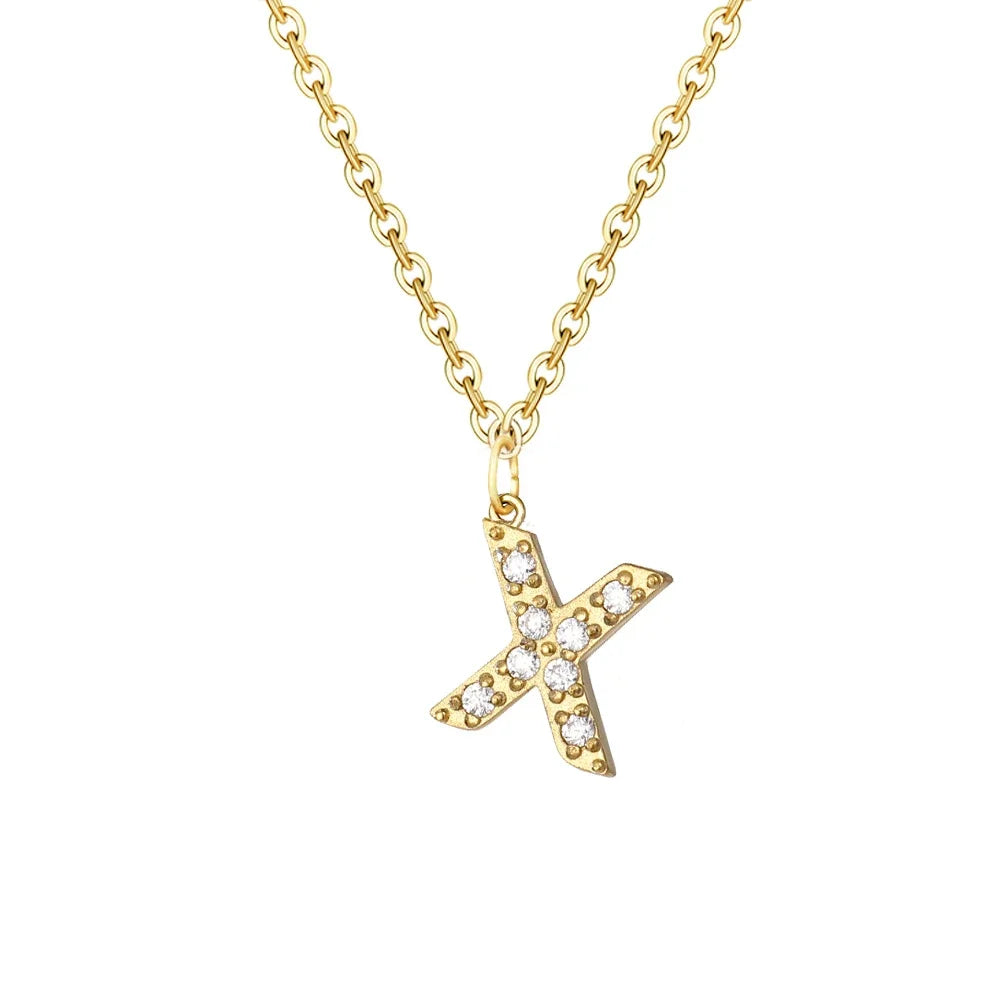 Gold Zircon Initial Necklace A-Z Stainless Steel Letter Pendant Women