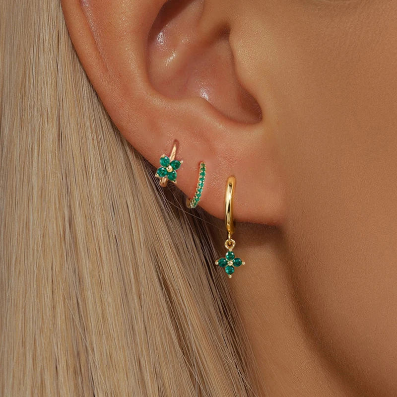3PCS Flower Drop Earrings Set Zircon Stainless Steel Women