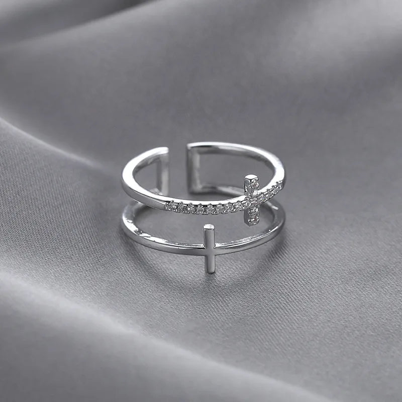 Minimalist Cross Open Ring Gold Silver Adjustable Women Ring