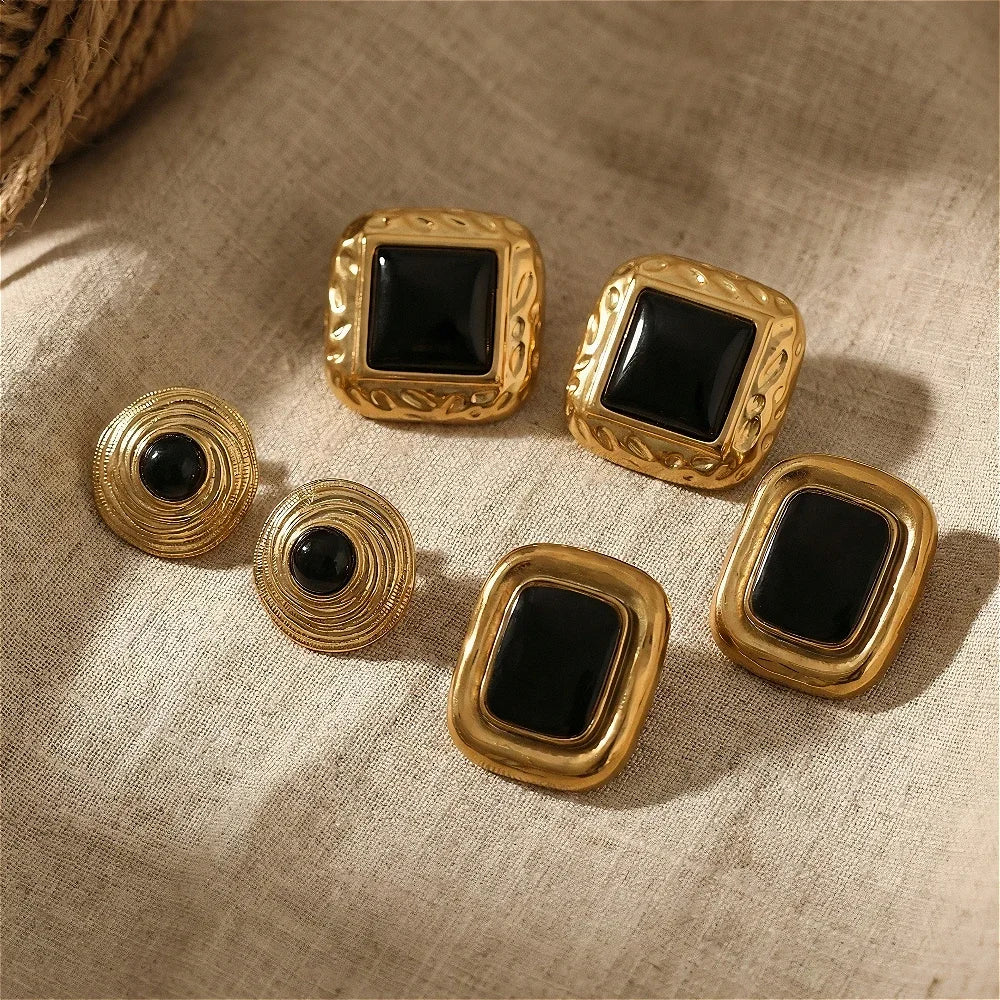 Black Stone Stud Earrings Chunky 18K Gold Women Jewelry