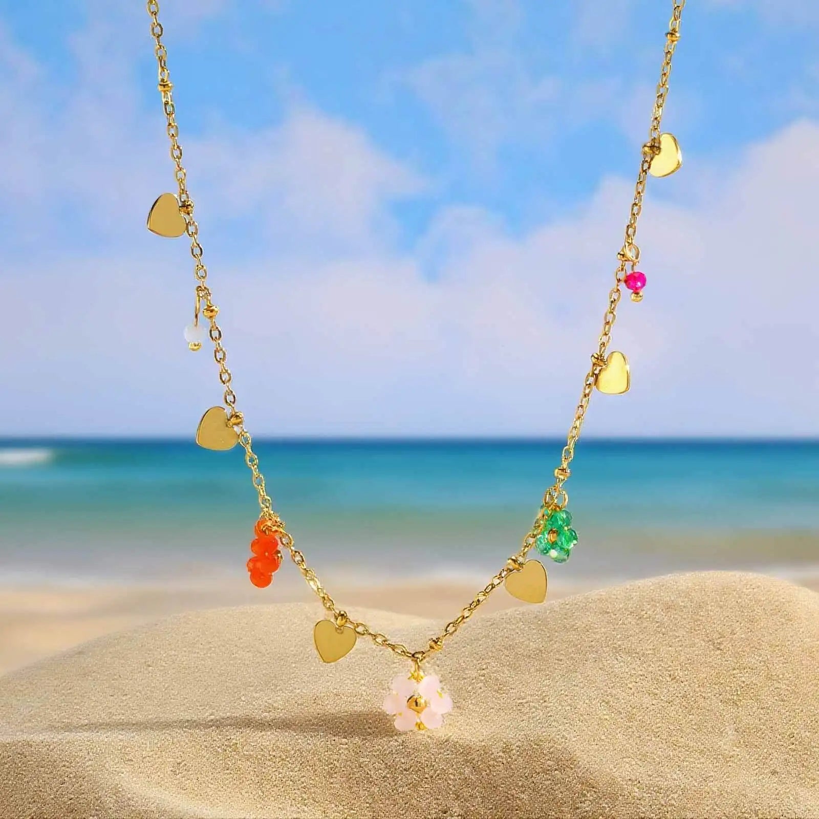 Colored Crystal Flower Necklace Stainless Steel Love Chain Waterproof