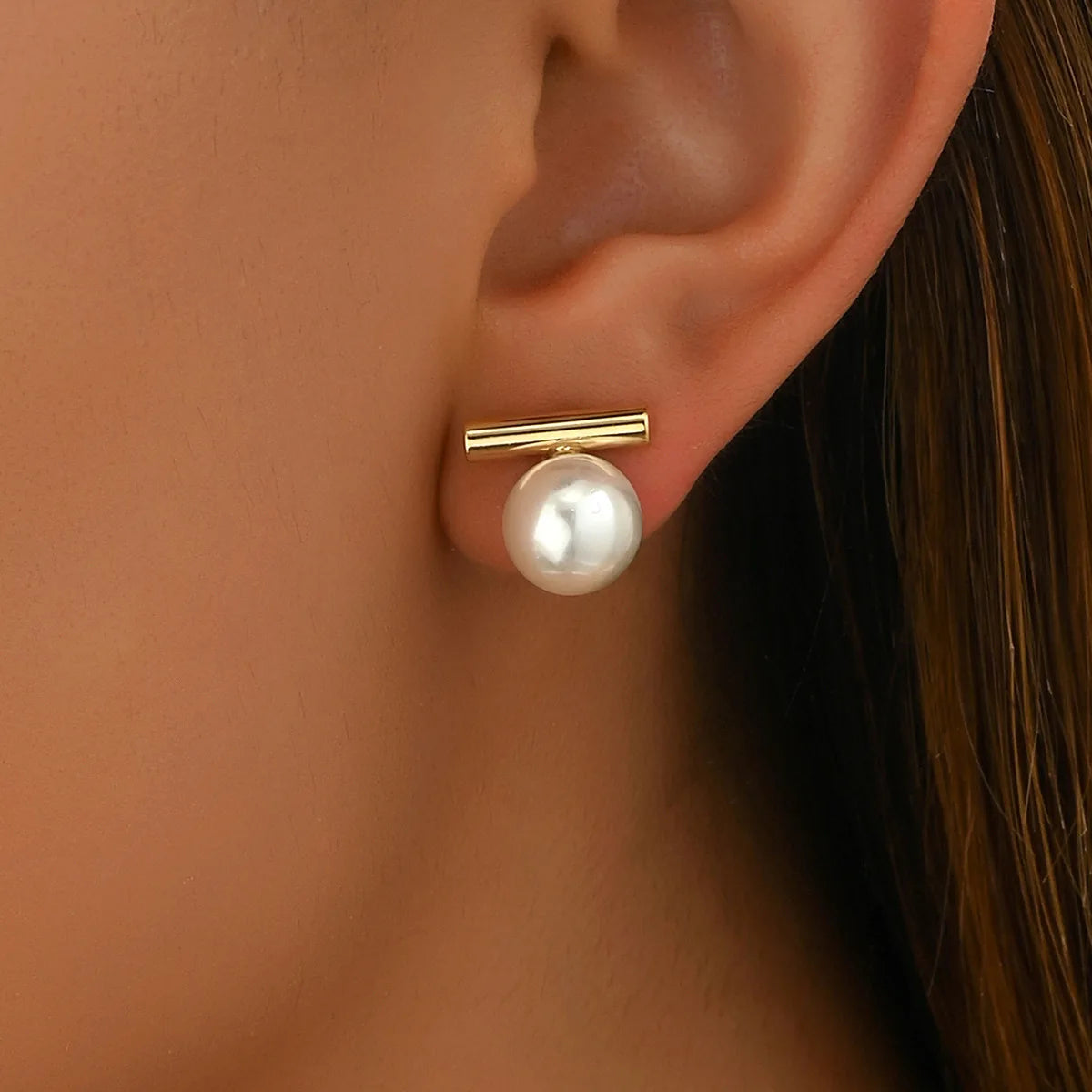 Simple Pearl Stud Earrings Gold Alloy Acrylic Beads Women Jewelry