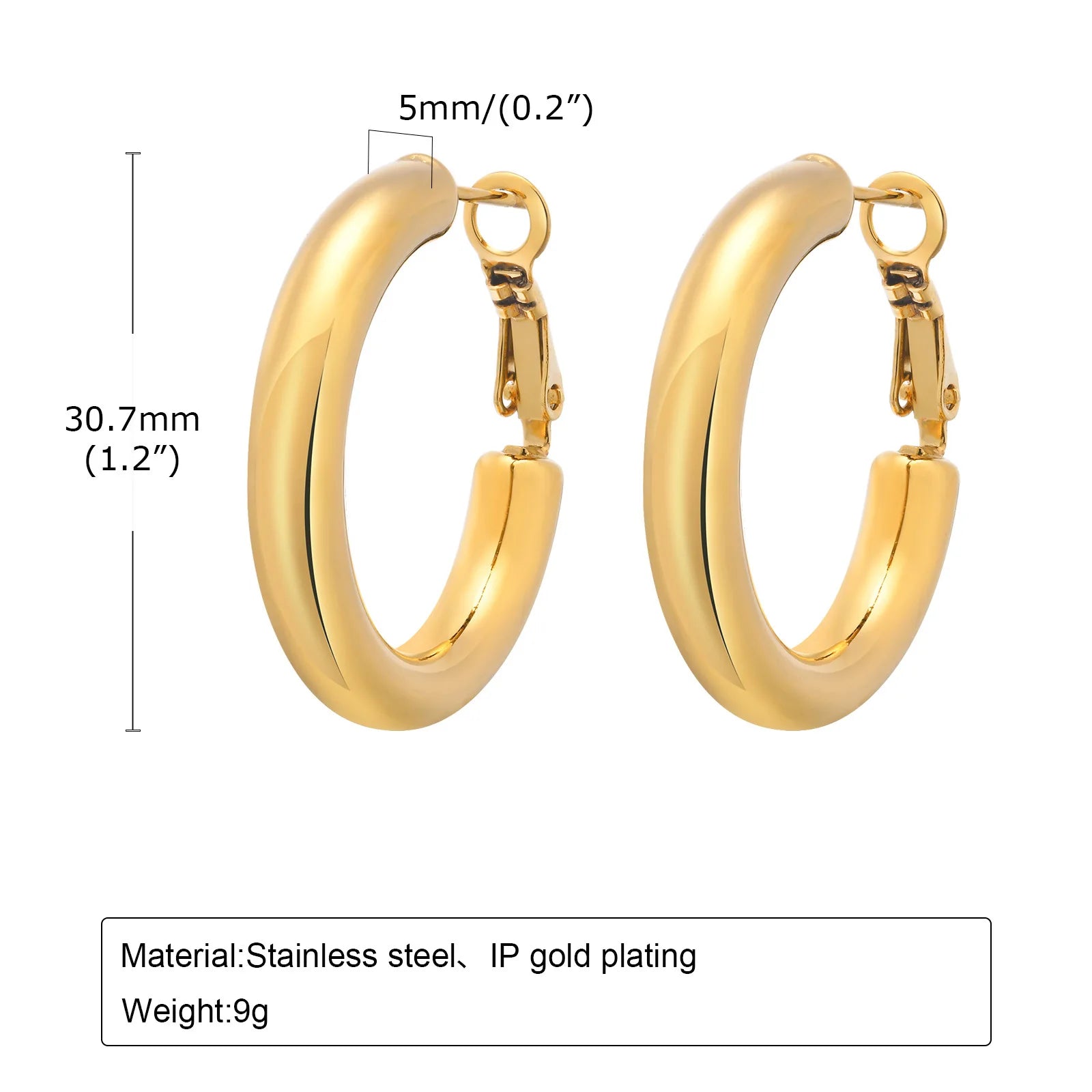18K Gold Hoop Earrings 30-50mm Stainless Steel Minimalist Women