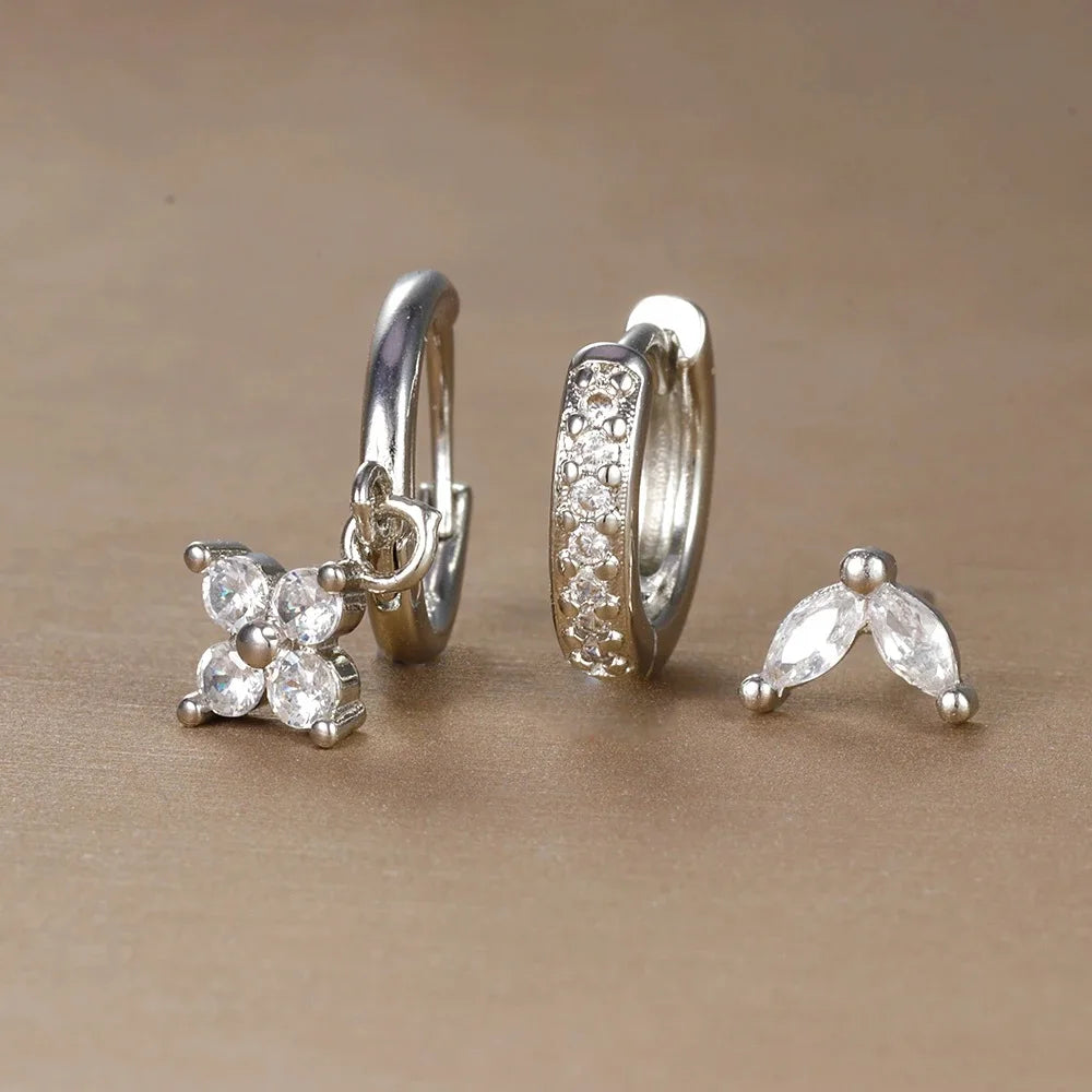3PCS Flower Drop Earrings Set Zircon Stainless Steel Women