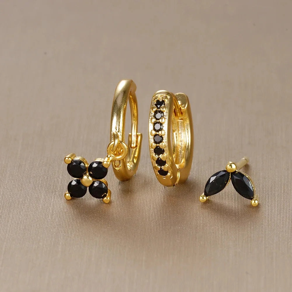 3PCS Flower Drop Earrings Set Zircon Stainless Steel Women
