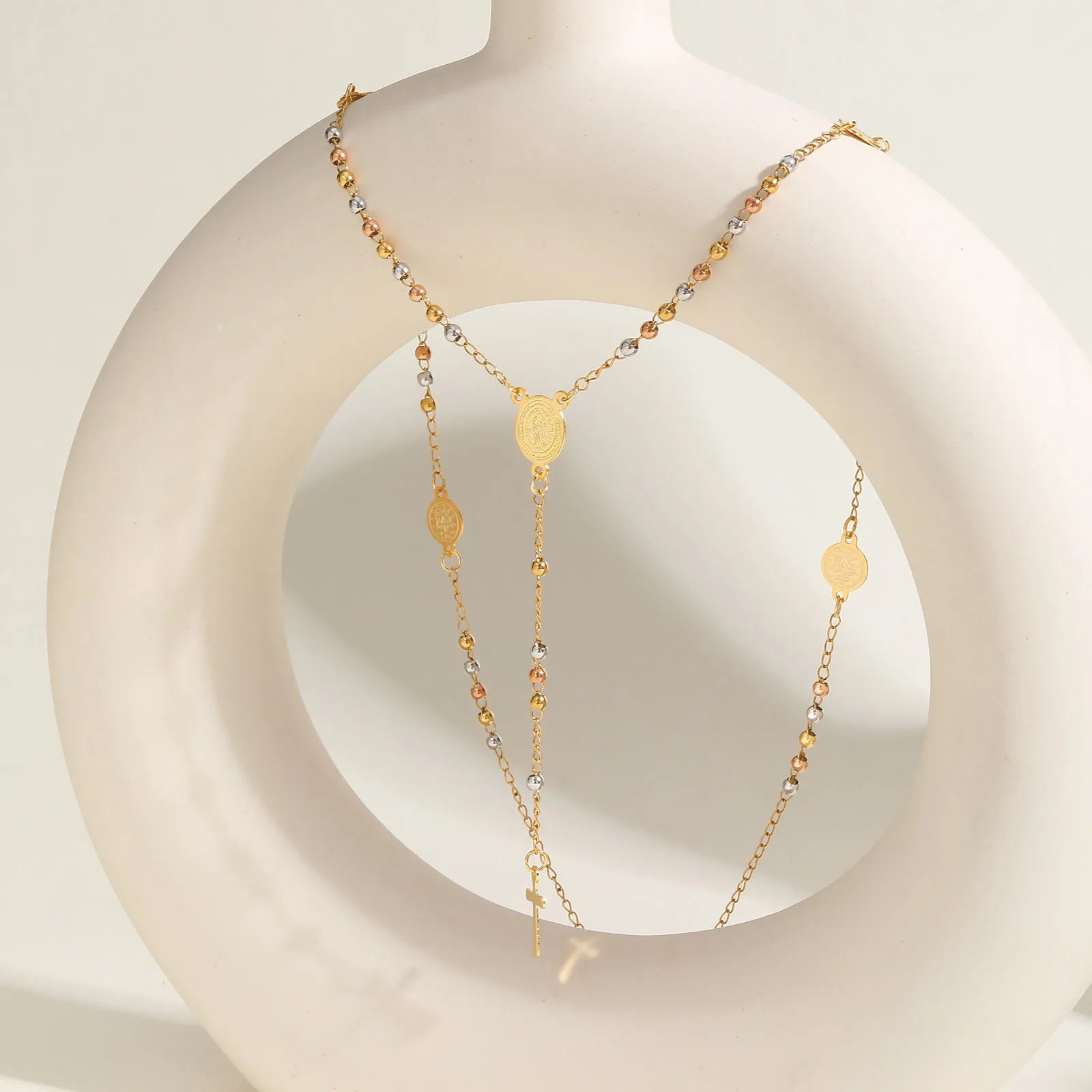 Beaded Rosary Necklace with Cross and Saint Benedict Pendant for Protection