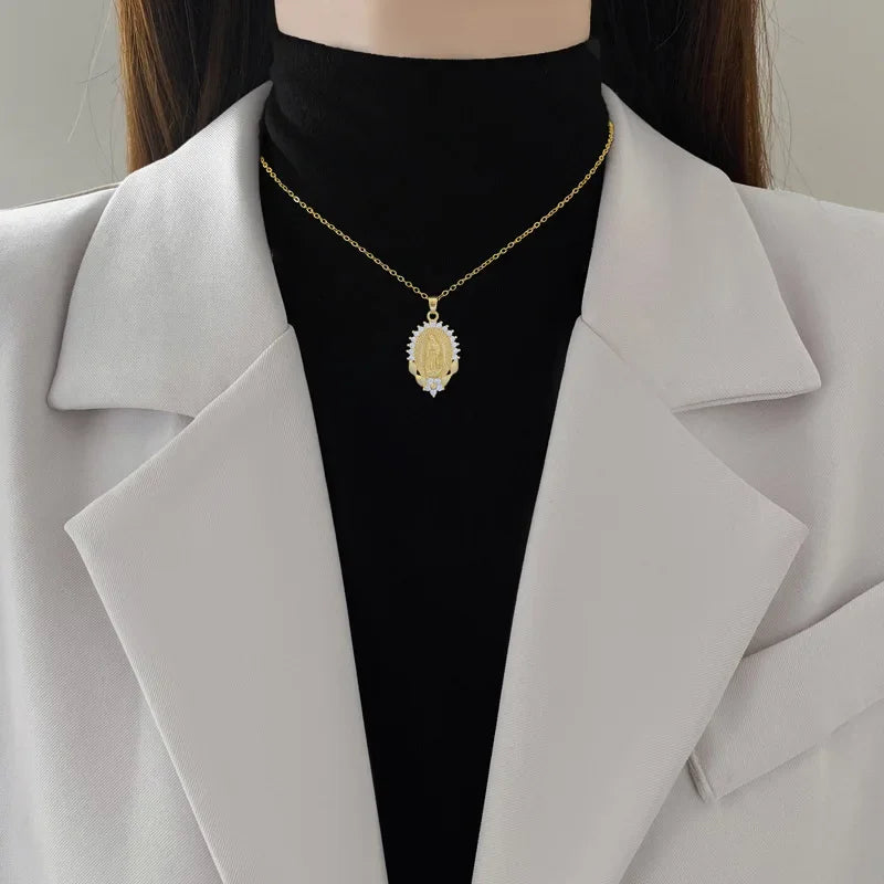 Religious Virgin Mary Flower Pendant Necklace Zircon Chain